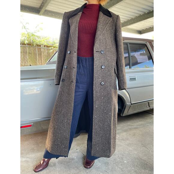 🔥VTG Evan Picone 100% Pure Wool Herringbone Tweed Double Breasted Overcoat S-M - Picture 1 of 16